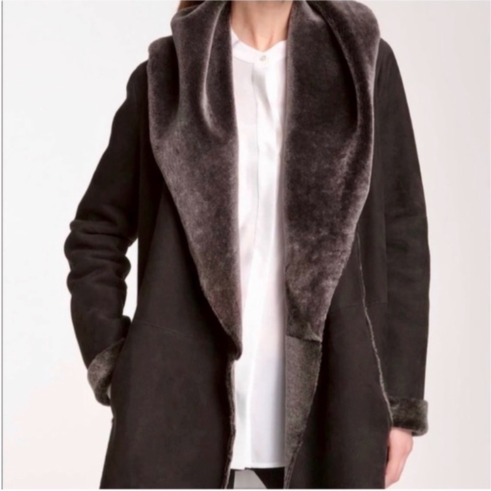 Vince Dark Brown Shearling Trench Coat with Plush Shawl Collar